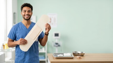 Fototapeta premium Young male nurse smiling and holding oversized bandage in medical clinic