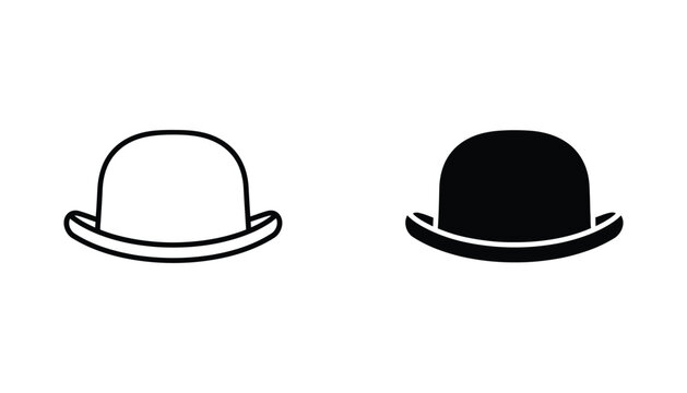 Vintage bowler hat icon set in outline and solid black style for fashion design and gentleman accessories collection isolated on a clean white background for web and print media