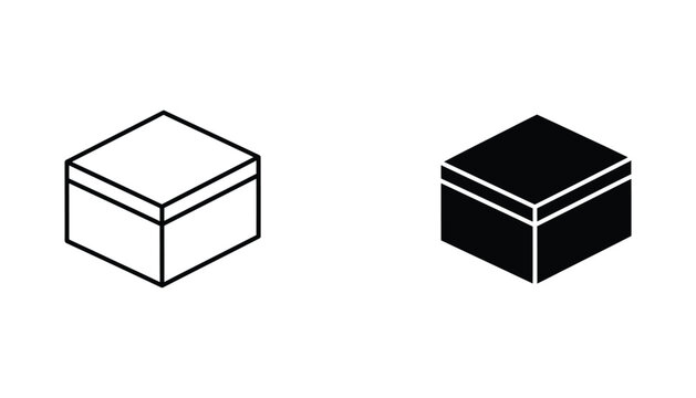 Simple isometric square box container icon set in outline and solid black style for shipping logistics and storage warehouse design elements on a white background