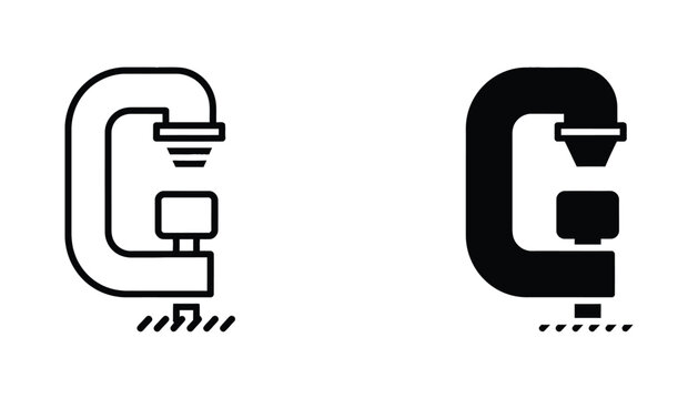 C clamp tool icon in outline and solid vector design for engineering and woodworking construction projects