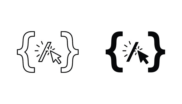 Coding syntax brackets with cursor click icon set in outline and solid black styles for programming and software development user interface elements