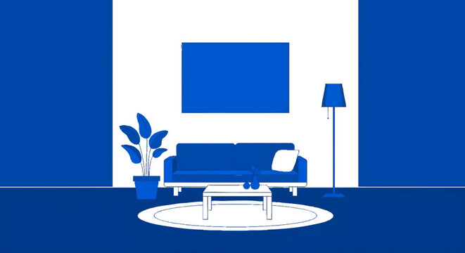 Blue living room interior with sofa and TV