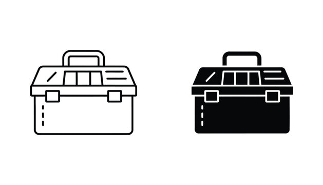 Professional toolbox icon set featuring linear outline and solid black silhouette for construction industrial and home improvement digital design assets
