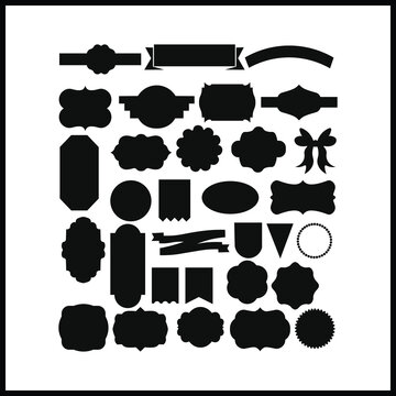 A diverse assortment of black graphic design elements including ribbons, banners, labels, and frames. Ideal for scrapbooking, invitations, or graphic overlays in design projects.