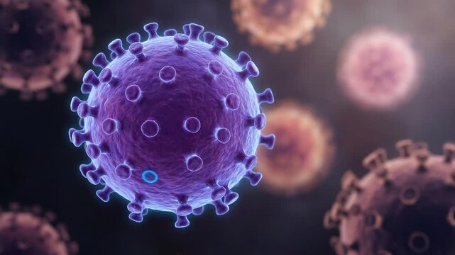 Microscopic Animation of a purple coronavirus particle motion through a dark background