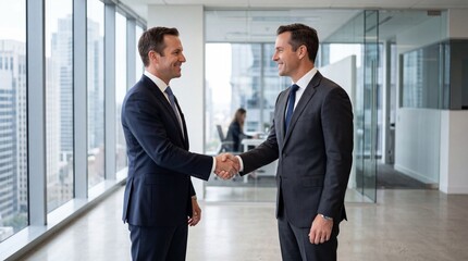 Plakat Two businessmen shaking hands in modern office with glass walls and city view background
