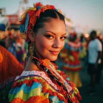 Young Colombian woman dancing in vibrant pollera dress at Barranquilla Carnival celebration