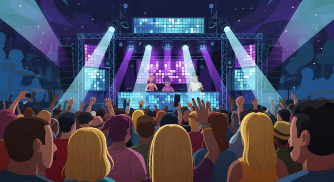 animated concert crowd enjoying live music performance at night