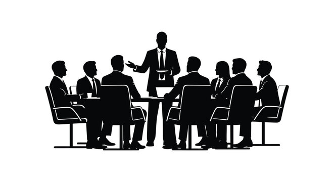 meeting room with people seated around table and presenter standing silhouette high quality professional detailed modern elegant stylish clean crisp vibrant