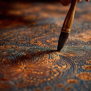 Traditional Indonesian Batik Maker Crafting Wax Patterns with Copper Tjanting in Warm Light Close-Up
