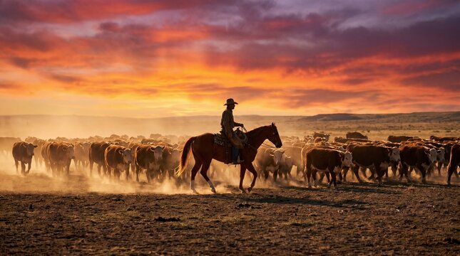 Cowboy herding cattle across dusty desert landscape at sunset