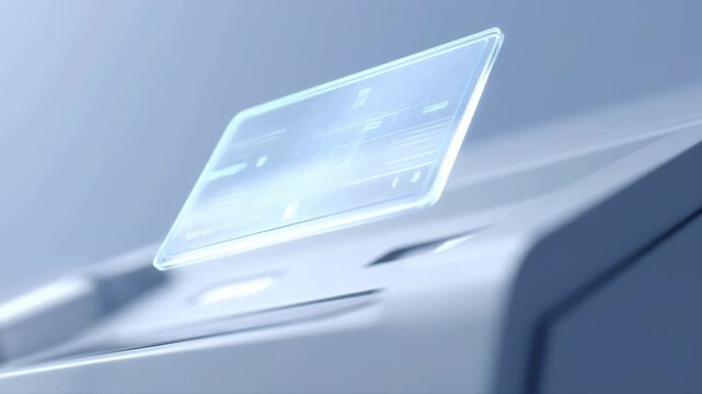 Close-up of a glowing digital screen on a sleek, modern electronic device with a soft blue background and cinematic lighting.
