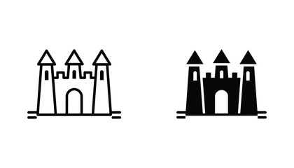 Fairytale castle icon set featuring towers and arched gate in line art and solid black silhouette for fantasy game UI and medieval design © Designer Rubel
