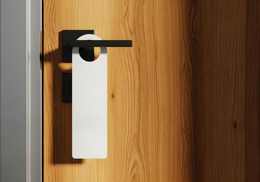 Blank door hanger mockup on wooden hotel room door door hanger mockup