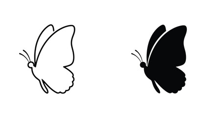 Graceful butterfly icon set showing side profile in minimalist line art and solid black silhouette styles for nature branding isolated on white background © Designer Rubel