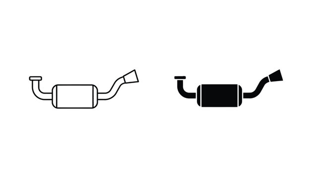 Automotive exhaust muffler icon set showing car silencer component in linear outline and solid black silhouette styles for mechanical engineering diagrams isolated on white background