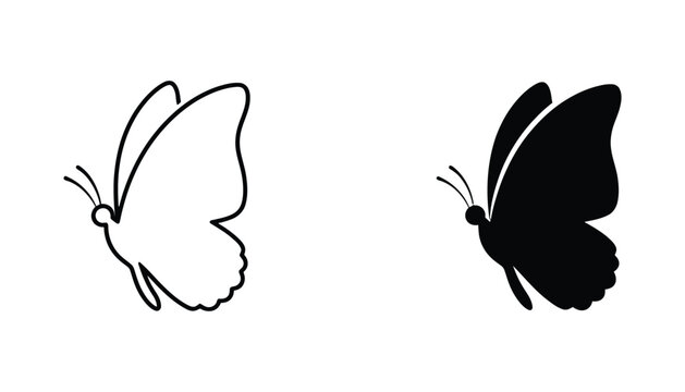 Graceful butterfly icon set showing side profile in minimalist line art and solid black silhouette styles for nature branding isolated on white background