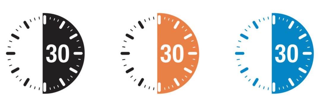 30 Minutes Timer Icon Set Vector Illustration, half hour timer graphic set, productivity scheduling icon, fast service concept, minimal UI design element