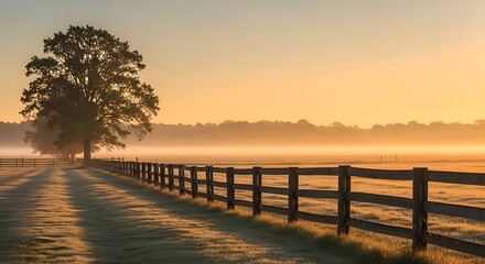 Obraz premium Serene sunset over calm lake with wooden pier and solitary tree calm water