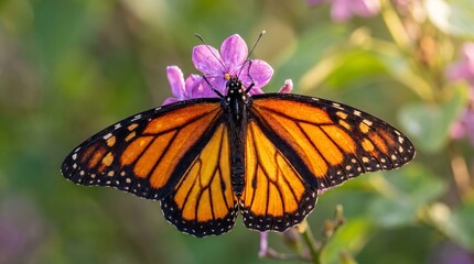 Obraz premium Monarch butterfly perched on pink flower in garden