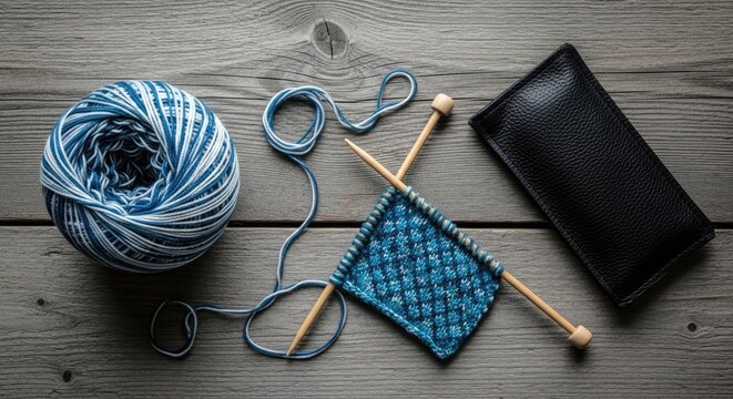 Knitting tools and accessories on a wooden surface with blue yarn