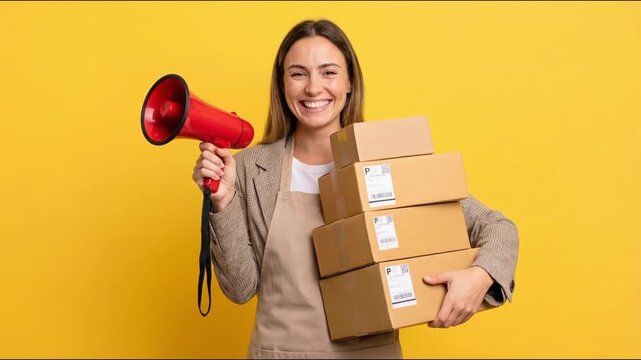 Delivery woman holding boxes and a megaphone with a happy expression on a yellow background