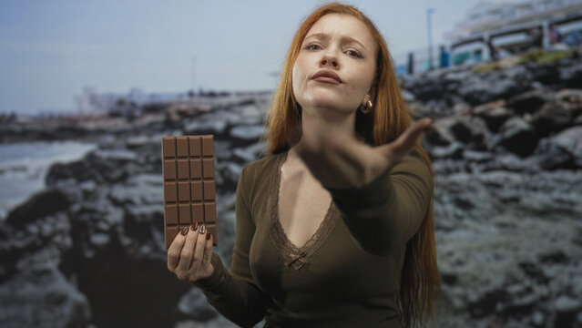 Woman holding chocolate bar with hand, pointing finger and hand on hip in studio with rocky coastline backdrop; bold defiance.