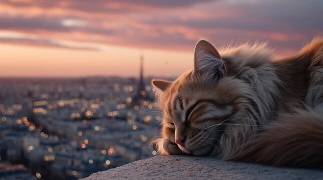 Cat sleeps on a ledge in Paris during sunset with a view of the Eiffel Tower and the city skyline