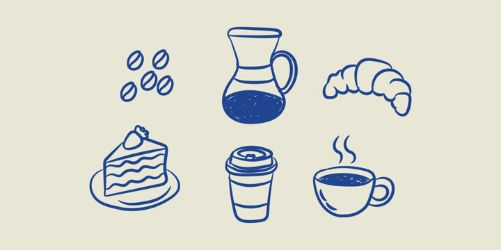 Coffee and bakery breakfast doodle icon set hand drawn vector illustration pastry dessert drink collection outline style