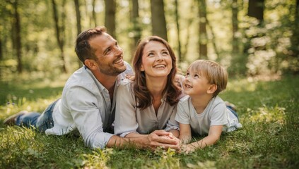 Fototapeta premium A heartwarming scene of a family of three enjoying a moment together in a forest, highlighting the importance of quality time and bonding in a natural setting.