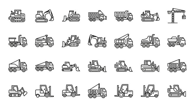 Collection of heavy machinery and construction vehicle icons.