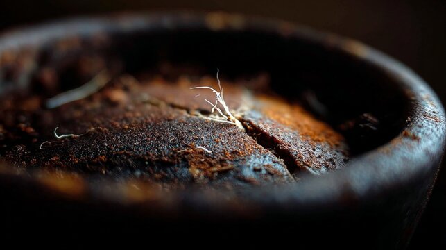 Dark bowl holds cracked, aged surface. Fine threads emerge from crevices. Texture suggests decay, weathered time. Close-up evokes mystery, quiet stillness. Suitable for themes of aging, ruin