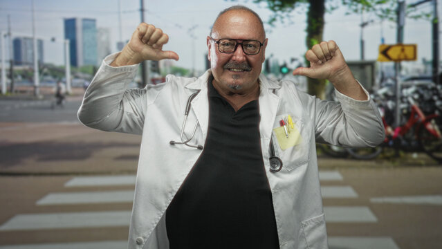Man doctor in labcoat with stethoscope, thumbs pointing to chest on a street crosswalk beside bicycles and traffic signals in a city; confidence service.