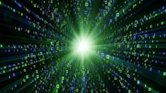 Abstract 3D rendered animation of a binary explosion in cyberspace.