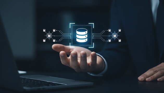 Engineer holding database icons, representing data integration, ETL processes, data pipelines, and centralized data warehouse solutions for efficient data management and data connection concept