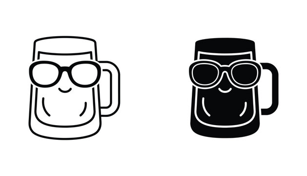 Funny beer mug character wearing sunglasses displayed in outline and solid black silhouette styles for pub and party branding