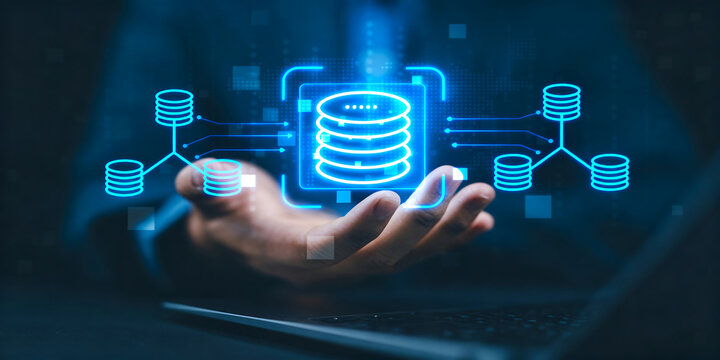 Engineer holding database icons, representing data integration, ETL processes, data pipelines, and centralized data warehouse solutions for efficient data management and data connection concept