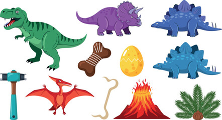 Vector Illustration of Dinosaurs, Fossils, and Volcanic Symbols for Prehistoric, Nature, and Educational Designs © Jisan