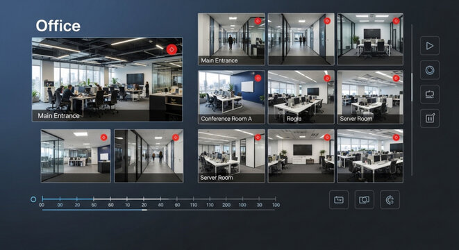 Surveillance System Interface Displaying Multiple Modern Office Camera Feeds on Screen