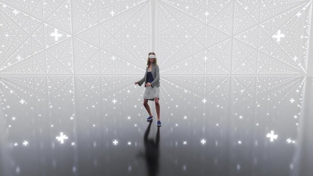 3d rendered animation of a woman using a VR headset in a virtual cyberspace environment.