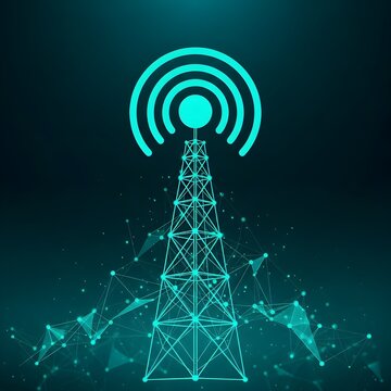 Wireless network communication futuristic tower and signal waves for modern connectivity