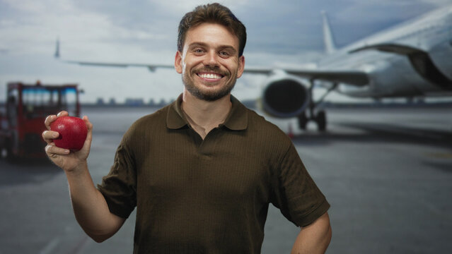Man holding red apple at airport tarmac near jet engine and luggage tractor; contentment healthy travel snack.