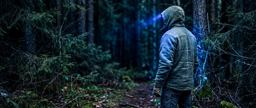 Person in a hooded jacket using a blue headlamp to look down a trail in a dark dense forest at night.