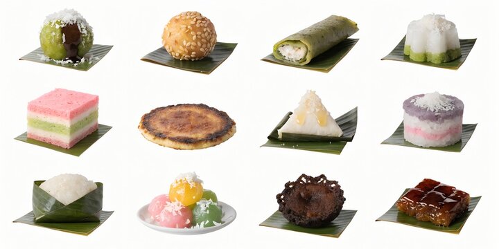 Indonesian Traditional Street Snack Collection Grid Twelve Klepon Onde Onde Kue Lapis Dadar Gulung Various Type Isolated On White Background Food Lifestyle Product Photography