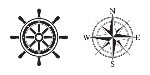 Nautical Symbols Vector Illustration, sailing navigation symbols set, compass and helm wheel maritime theme, travel ocean adventure UI design © Alamin vai vision 3