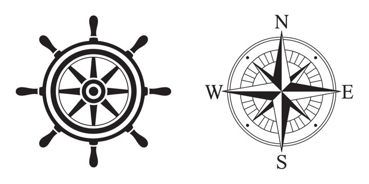 Nautical Symbols Vector Illustration, ship wheel compass rose maritime navigation concept, travel sea exploration design element, modern flat UI icon set