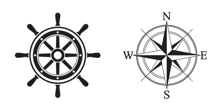 Nautical Symbols Vector Illustration, sailing navigation symbols set, compass and helm wheel maritime theme, travel ocean adventure UI design
