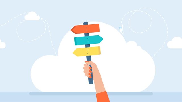 Businesswoman compares options, choosing between two things.  Direction indicator. Arrows. Woman holds a direction indicator in her hand. Three colored arrows indicate direction. 2D flat animation