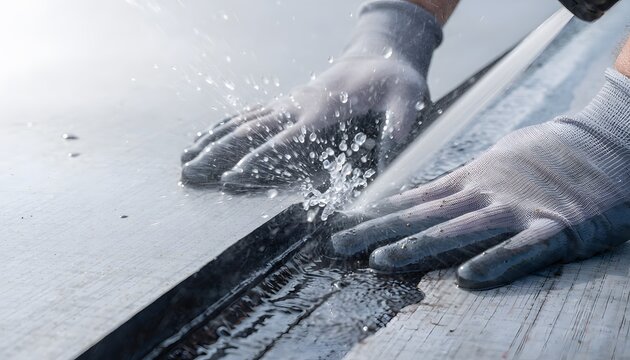 Waterproof seal seam pressed by gloved technician hands under lateral water jet, industrial surface close-up depicting leak prevention inspection and material durability