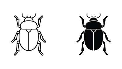 Detailed beetle insect icon set featuring a top-down view in linear and solid black vector silhouettes for nature and biology projects © RT Technology